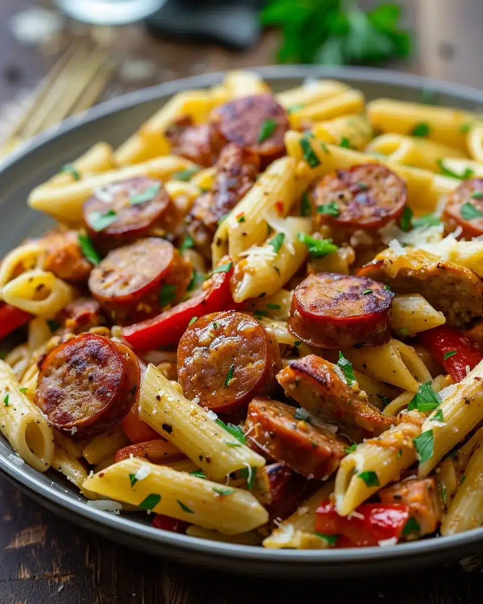 Bowls of Cajun Sausage Pasta with colorful ingredients