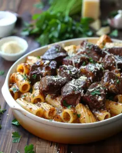 Cajun steak tips served with creamy rigatoni parmesan in a savory dish