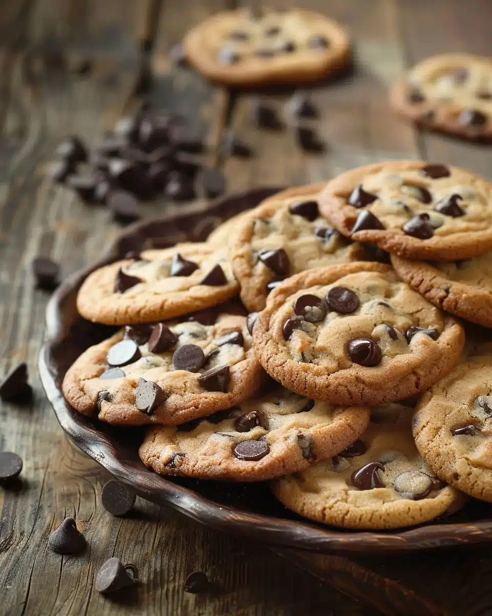 Freshly baked chocolate chip cookies on a cooling rack