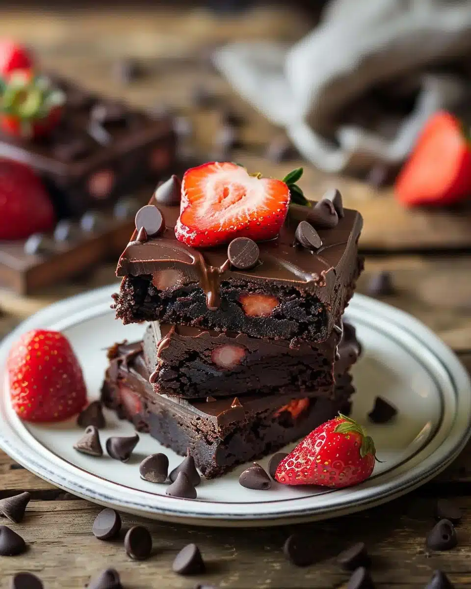 Delicious chocolate covered strawberry brownies fresh out of the oven.