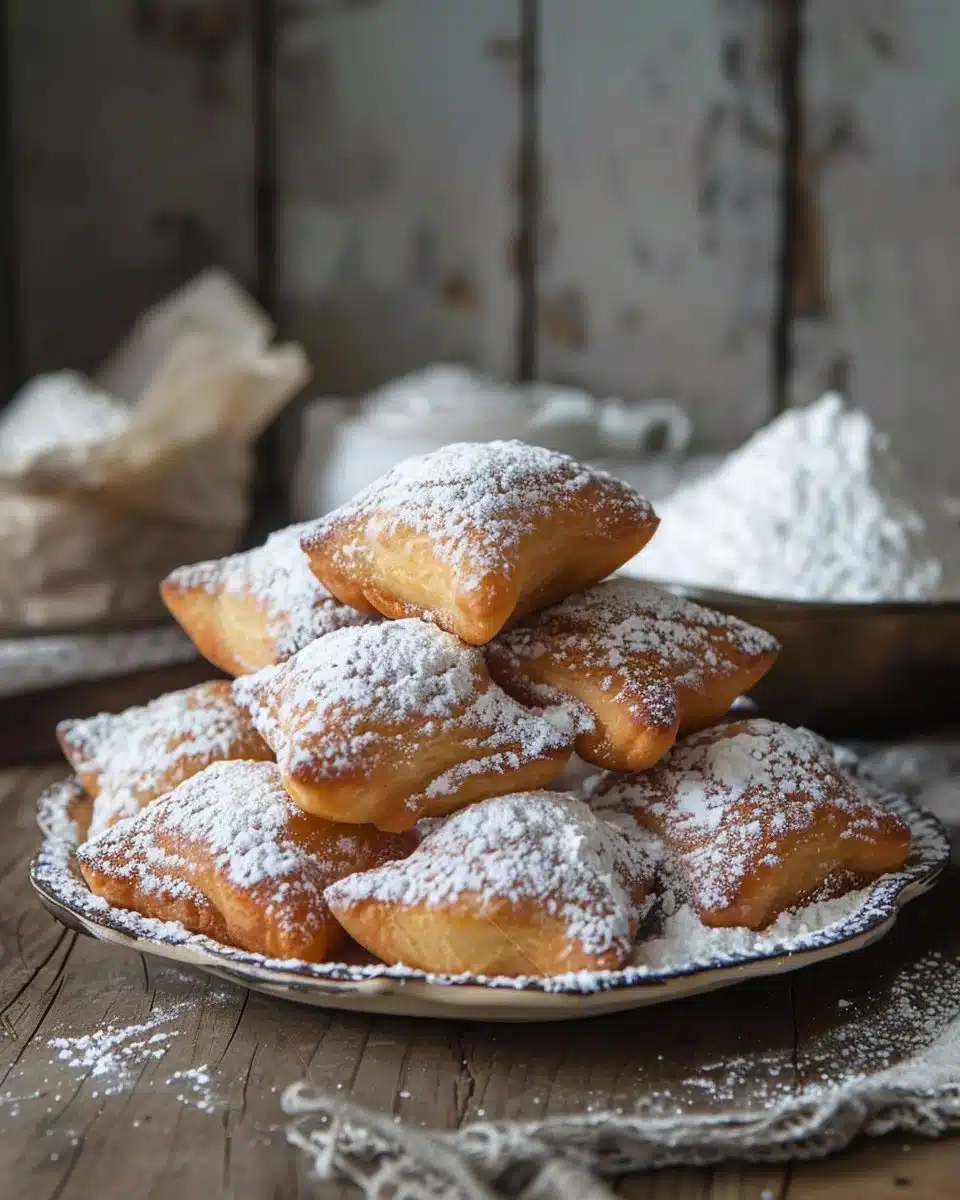 Delicious classic New Orleans beignets dusted with powdered sugar on a plate