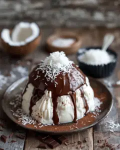 Coconut Dome dessert topped with rich chocolate spread, a delightful treat.