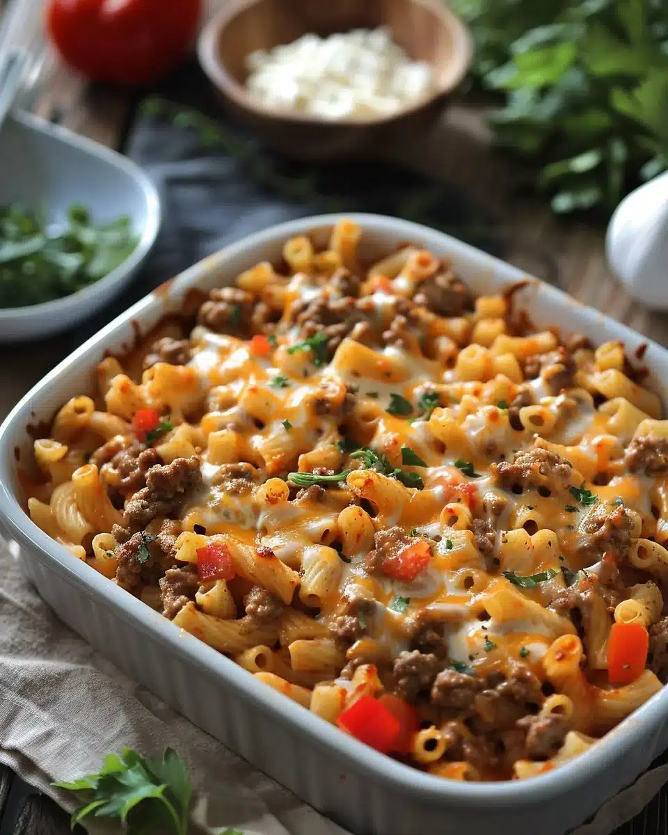 Creamy Rotel pasta with ground beef served in a bowl