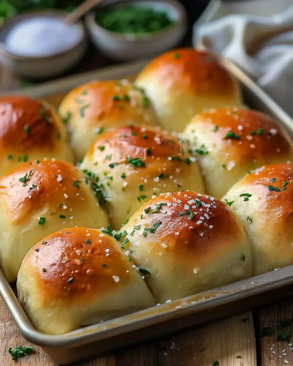 Freshly baked garlic bread rolls with herbs and melted butter