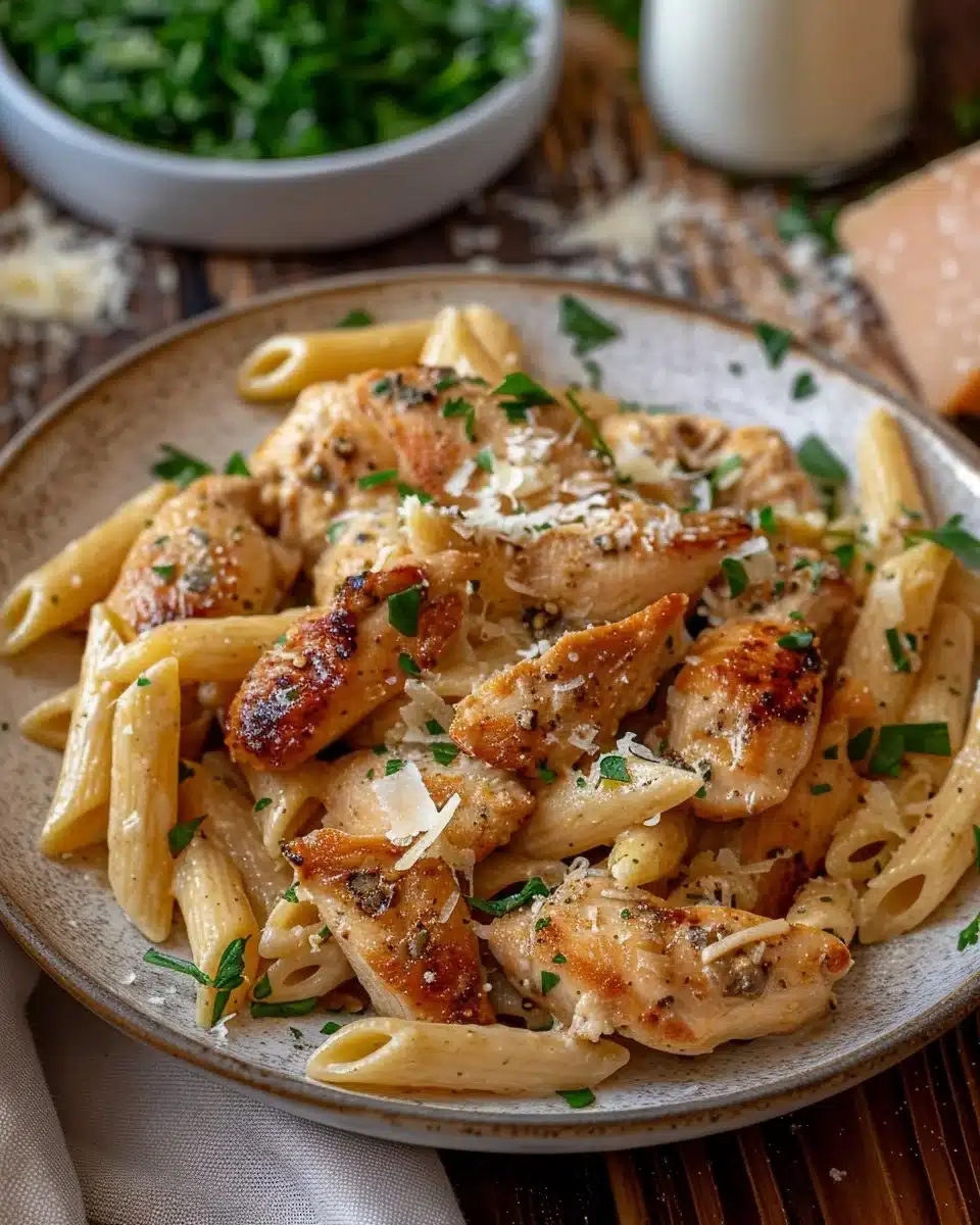 Plate of healthy Garlic Parmesan Chicken Pasta garnished with parsley and cheese.