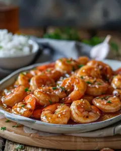 Plate of high-protein honey garlic shrimp garnished with green onions.