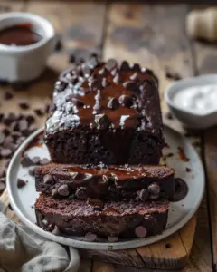 Delicious hot fudge brownie bread sliced on a wooden table