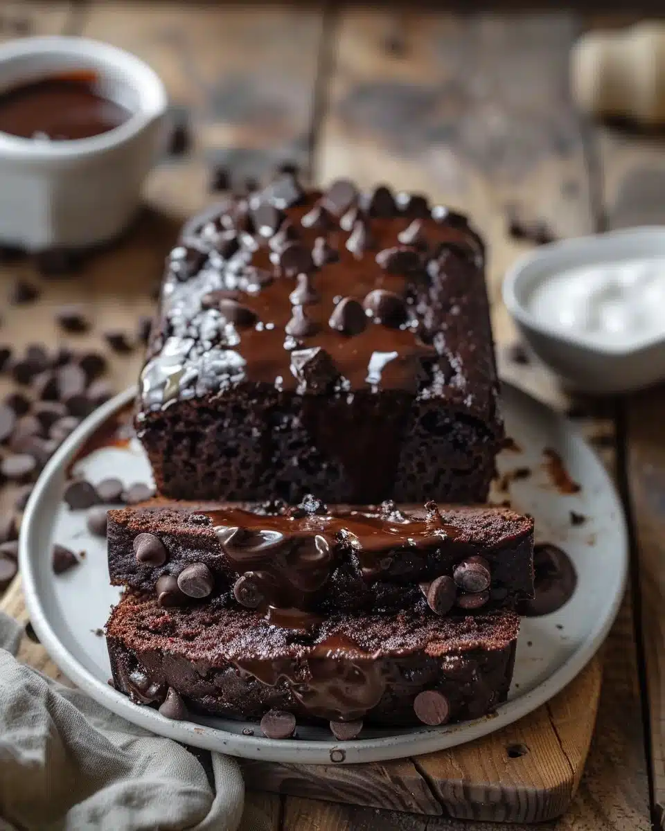 Delicious hot fudge brownie bread sliced on a wooden table