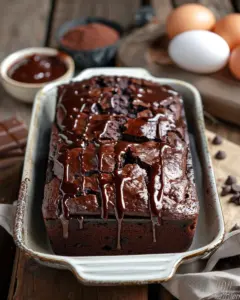 Slice of hot fudge brownie bread topped with chocolate drizzle