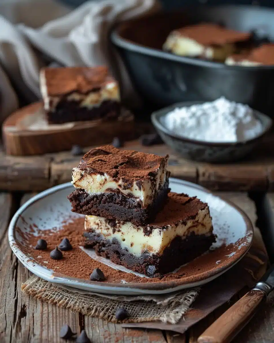 Indulgent cheesecake brownies with a rich chocolate swirl on a white plate