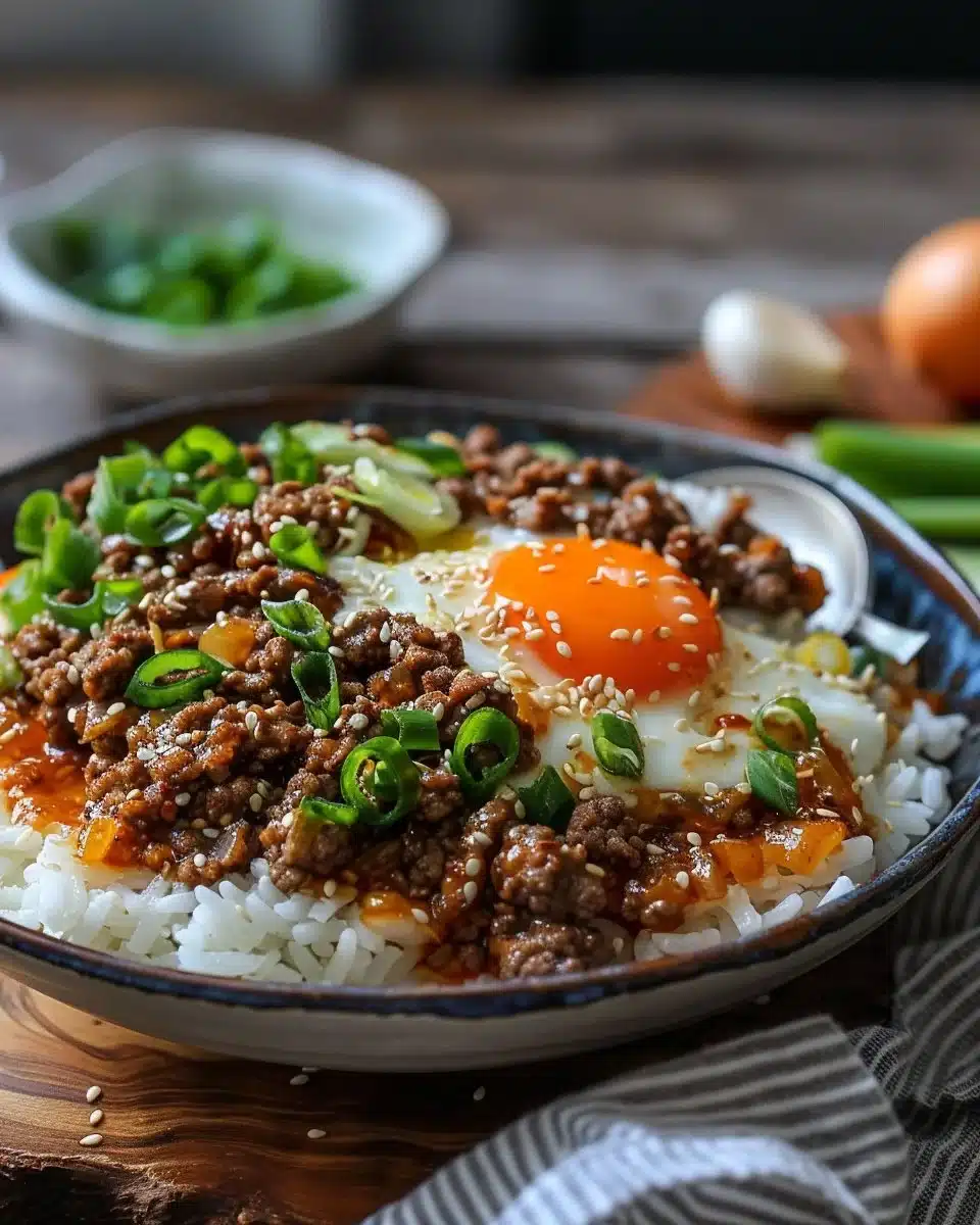 Delicious Korean Ground Beef Bowl garnished with green onions and sesame seeds.