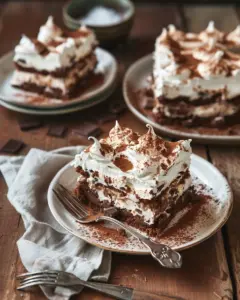 Delicious Milk Chocolate Meringue Cake topped with chocolate ganache and meringue layers