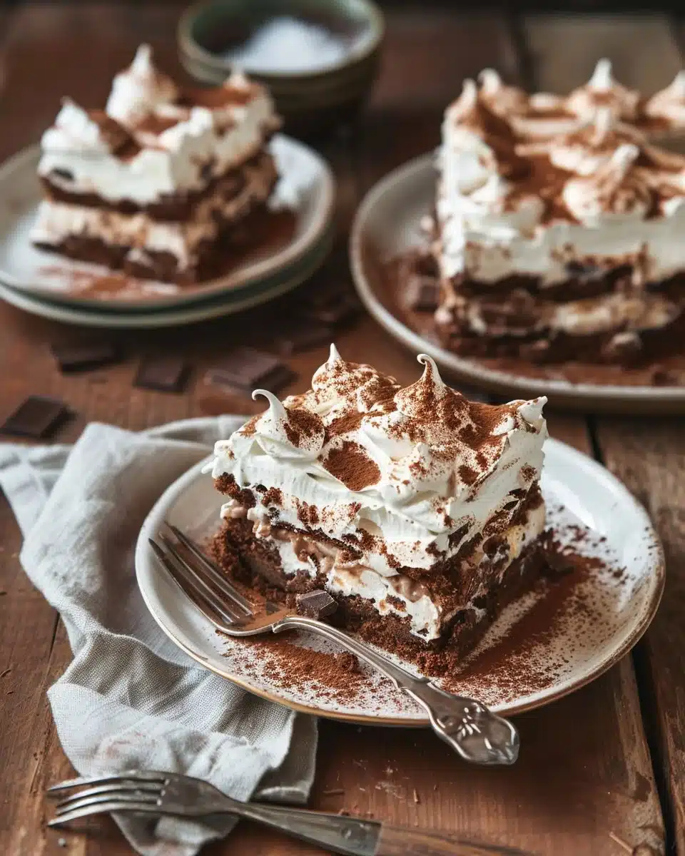Delicious Milk Chocolate Meringue Cake topped with chocolate ganache and meringue layers