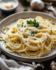 One pot creamy garlic pasta served in a bowl with fresh herbs