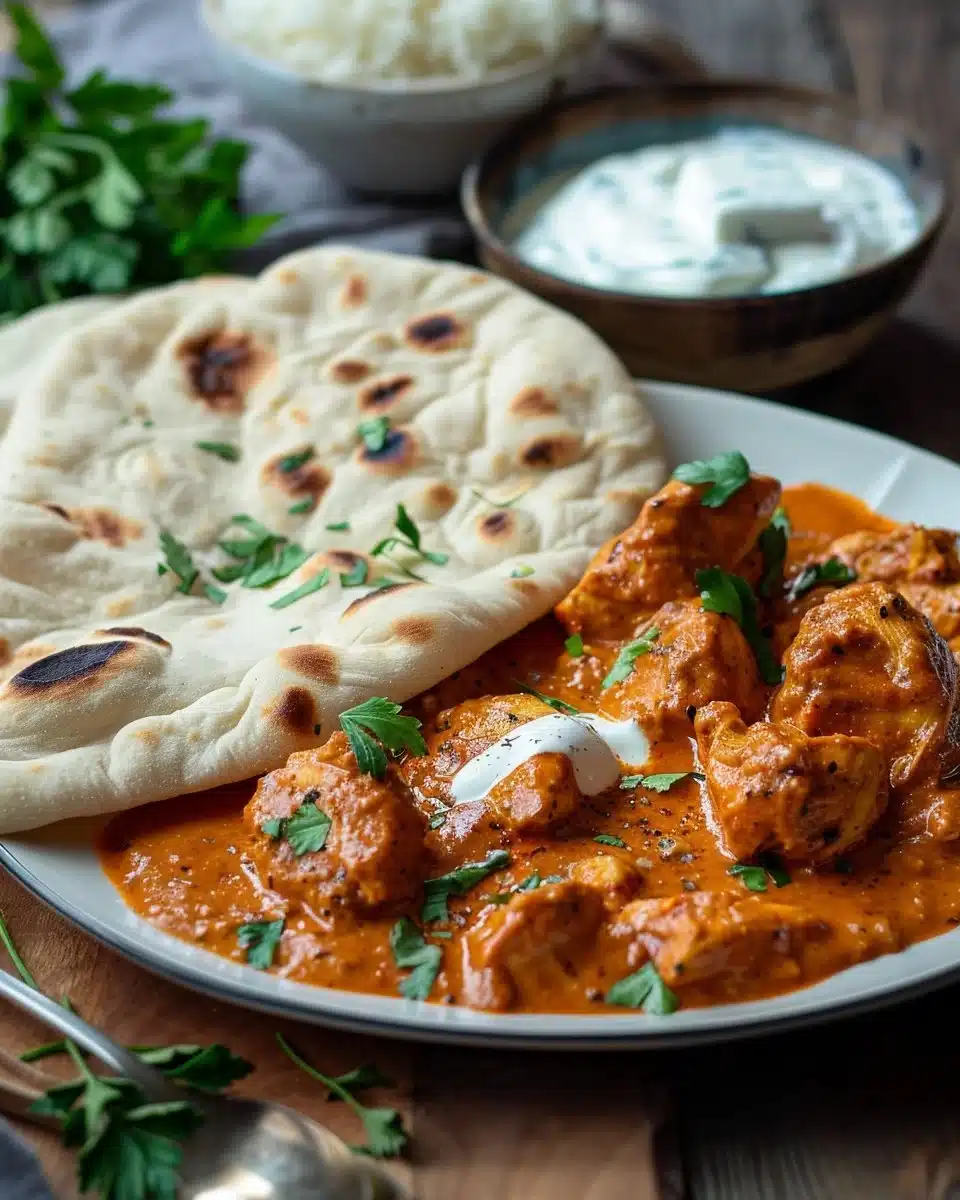 Delicious homemade butter chicken served with rice and naan bread