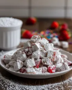 Quick Strawberry Shortcake Puppy Chow dessert in a bowl with strawberries