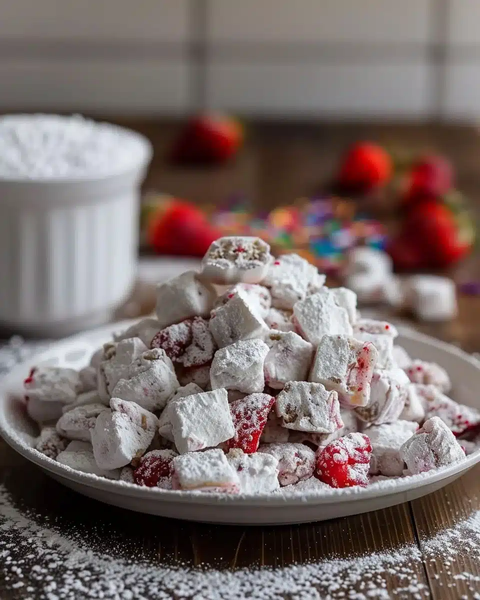 Quick Strawberry Shortcake Puppy Chow dessert in a bowl with strawberries