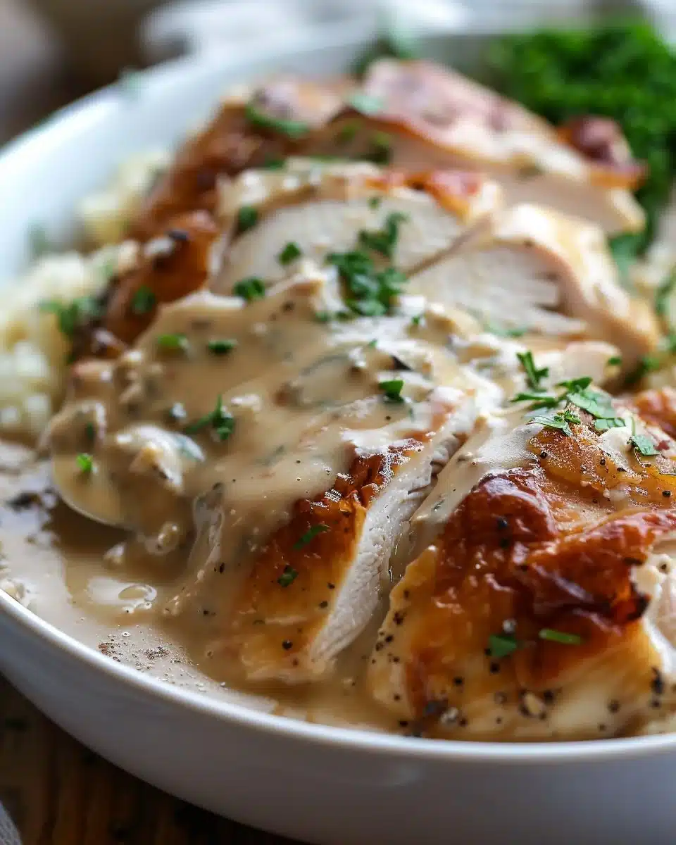 Tender slow cooker chicken served with rich gravy over mashed potatoes.