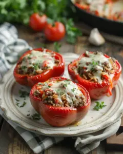 Colorful stuffed peppers filled with savory ingredients on a rustic table