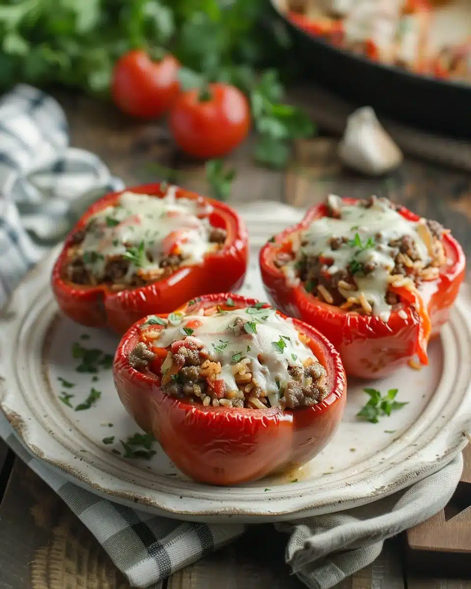 Colorful stuffed peppers filled with savory ingredients on a rustic table