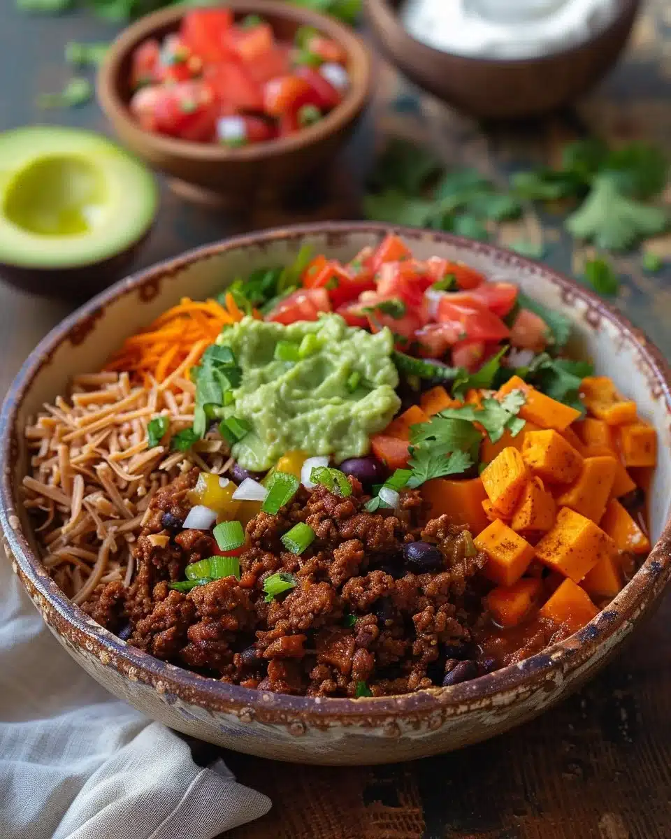 Colorful sweet potato taco bowl with fresh toppings and vibrant ingredients.