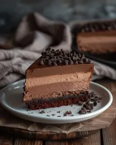 Delicious triple chocolate mousse cake topped with chocolate shavings