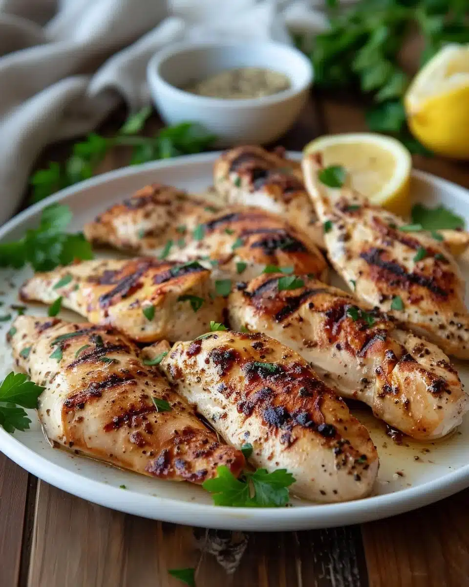Yogurt marinated chicken served on a plate with fresh herbs and spices.