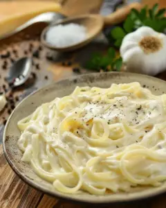 Homemade Alfredo Sauce served over pasta with parsley garnish