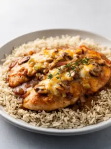 Plate of smothered chicken served over rice with gravy and vegetables