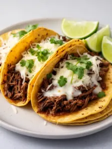 Delicious Birria Tacos served with sauce and garnished with onions and cilantro.