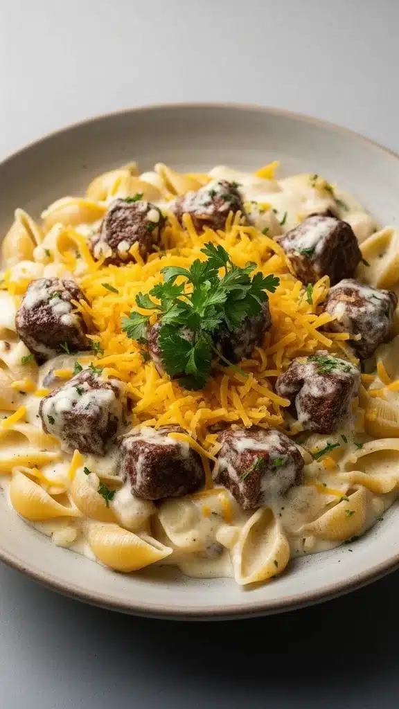 Cajun steak bites served with cheesy garlic pasta on a plate