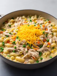 Classic Chicken Pot Pie Pasta served in a bowl with herbs and flaky crust.