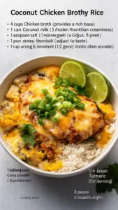 Coconut Chicken Rice served in a bowl, garnished with herbs.