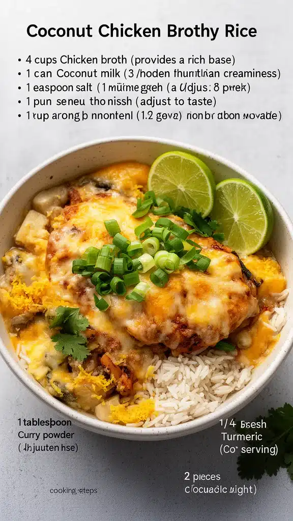 Coconut Chicken Rice served in a bowl, garnished with herbs.
