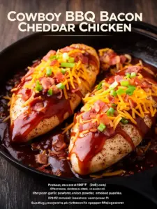 Delicious Cowboy BBQ Bacon Cheddar Chicken topped with cheese and bacon
