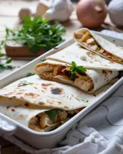 Delicious chewy cheesy garlic chicken wraps served on a cozy table setting