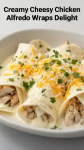 Creamy Cheesy Chicken Alfredo Wraps with fresh ingredients and sauces