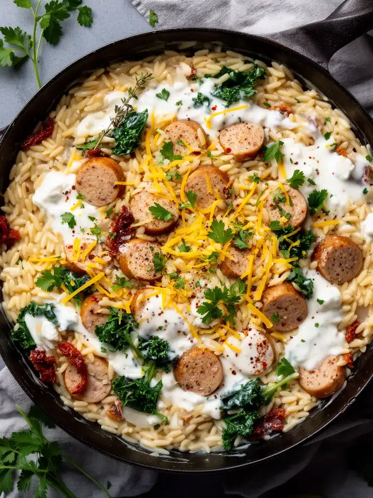 Creamy chicken sausage orzo dish in a skillet