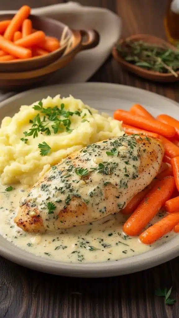 Creamy Herb Chicken served with mashed potatoes and glazed carrots