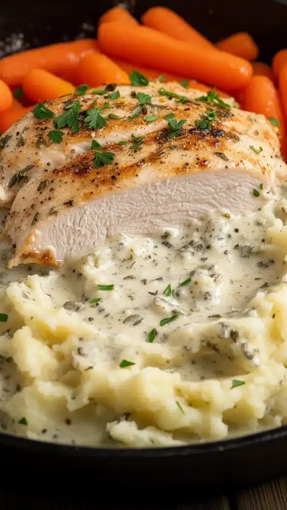 Creamy Herb Chicken with Mashed Potatoes & Glazed Carrots: A Complete Comfort Food Dinner