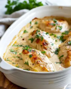 Creamy ranch chicken served on a plate with herbs and vegetables