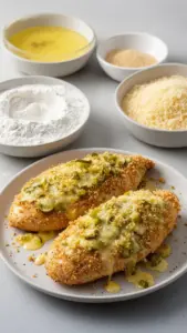 Plate of Crispy Dill Pickle Parmesan Chicken garnished with herbs.