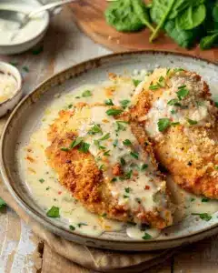 Crispy parmesan chicken served with a rich garlic sauce on a plate.