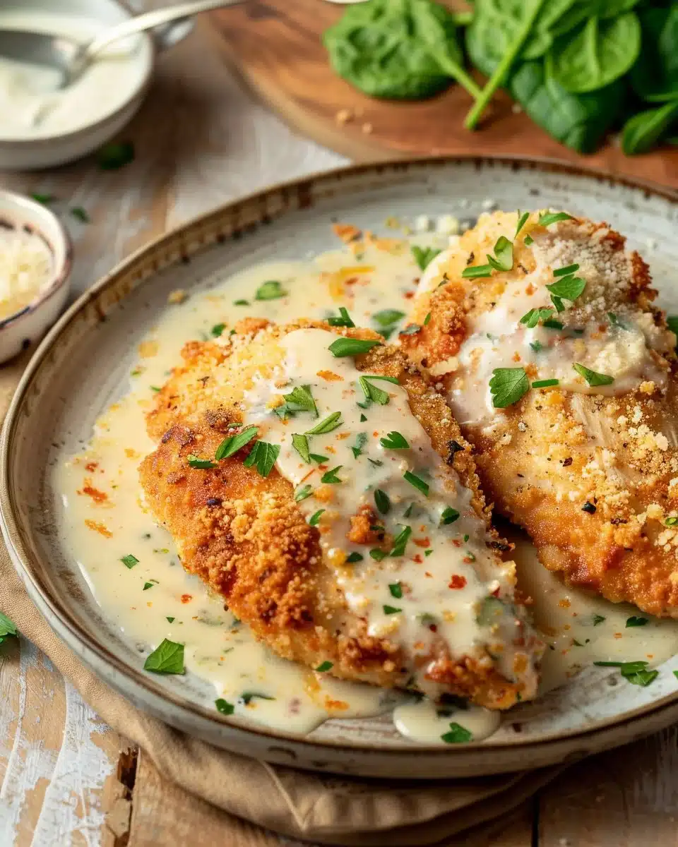 Crispy Parmesan Chicken with a Rich Garlic Sauce - Easy Dinner Idea