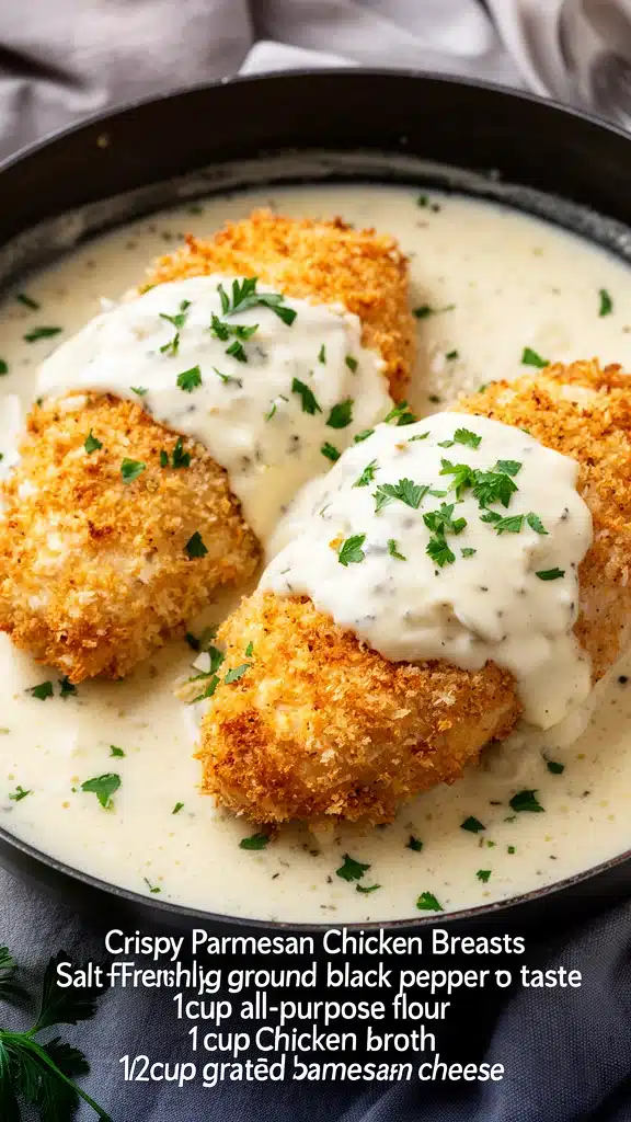 Crispy Parmesan Chicken topped with Garlic Cream Sauce served on a plate