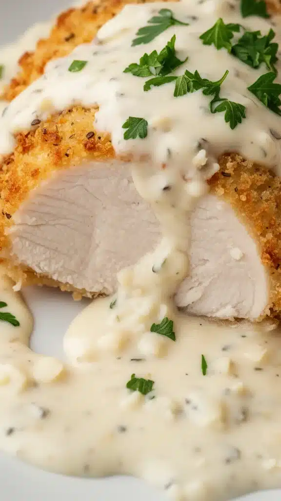 Crispy Parmesan Chicken with Garlic Cream Sauce