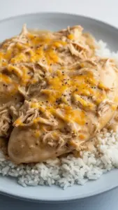 Crockpot Chicken and Gravy served in a bowl with herbs on top