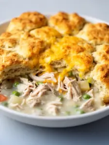 Easy and delicious chicken pot pie topped with flaky biscuits