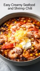 Creamy seafood and shrimp chili served in a bowl with garnishes.