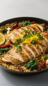 Mediterranean Chicken Orzo dish with fresh vegetables and herbs